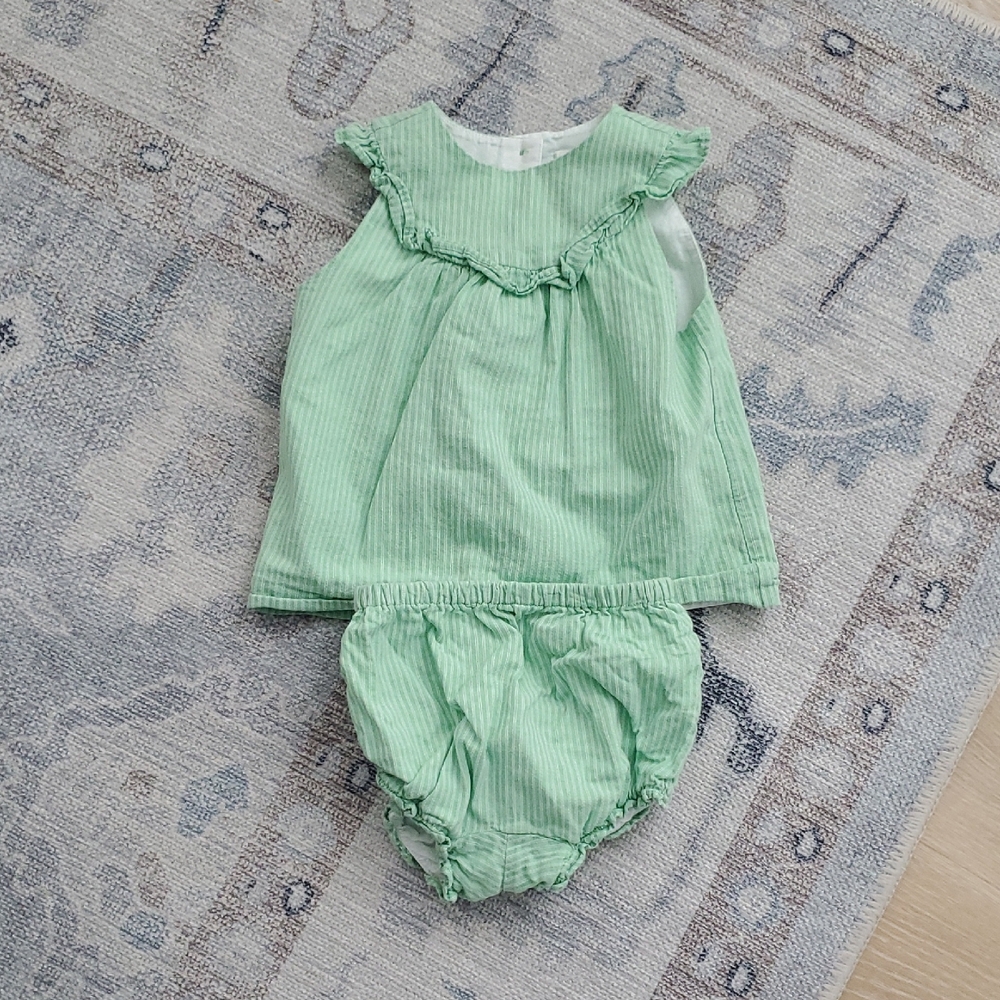 Janie and Jack Baby Girls Green White Pinstriped Lined 2-piece Outfit Sz18-24m